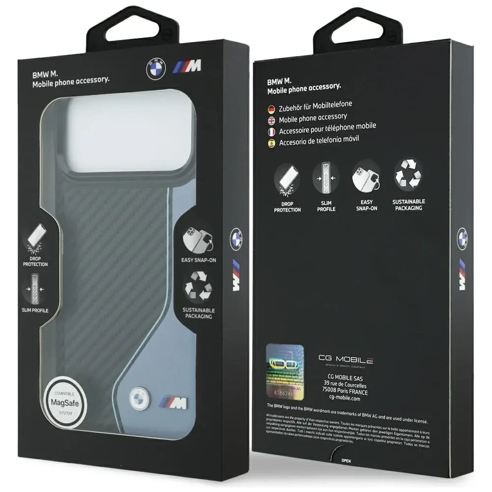 Etui BMW M Carbon Logo MagSafe do Apple iPhone 17 Pro Max niebieski