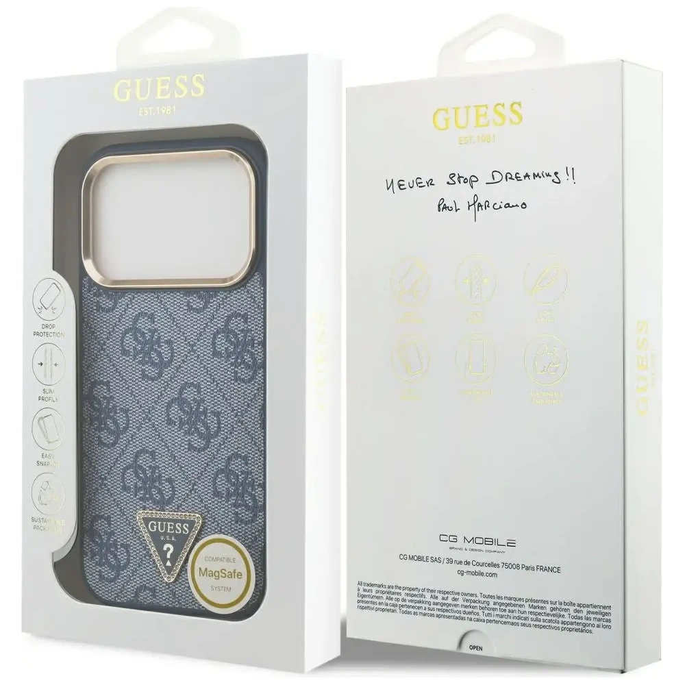 Etui Guess 4G Triangle Logo MagSafe do Apple iPhone 17 Pro niebieski złoty