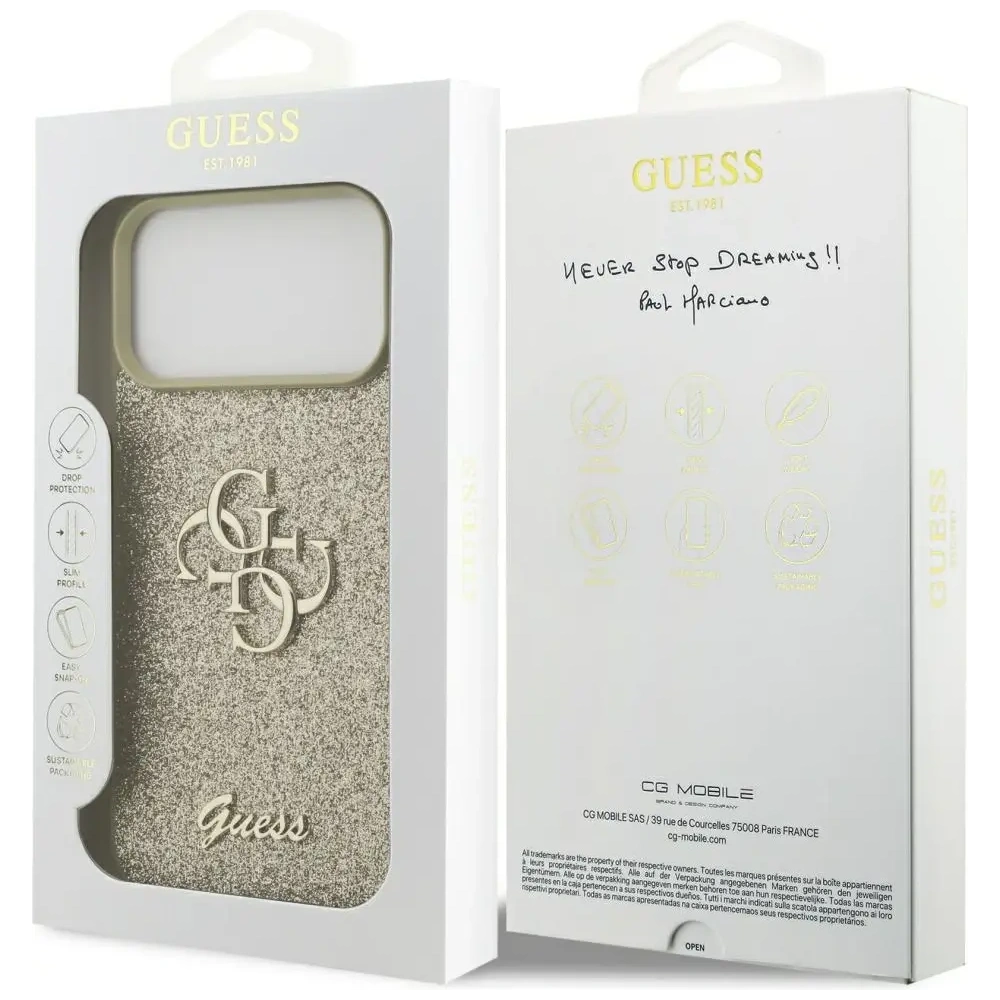 Etui Guess Fixed Glitter Big 4G do Apple iPhone 17 Pro Max złoty