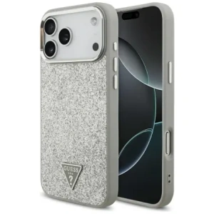 Etui Guess Glitter Triangle Logo MagSafe do Apple iPhone 17 Pro Max srebrny