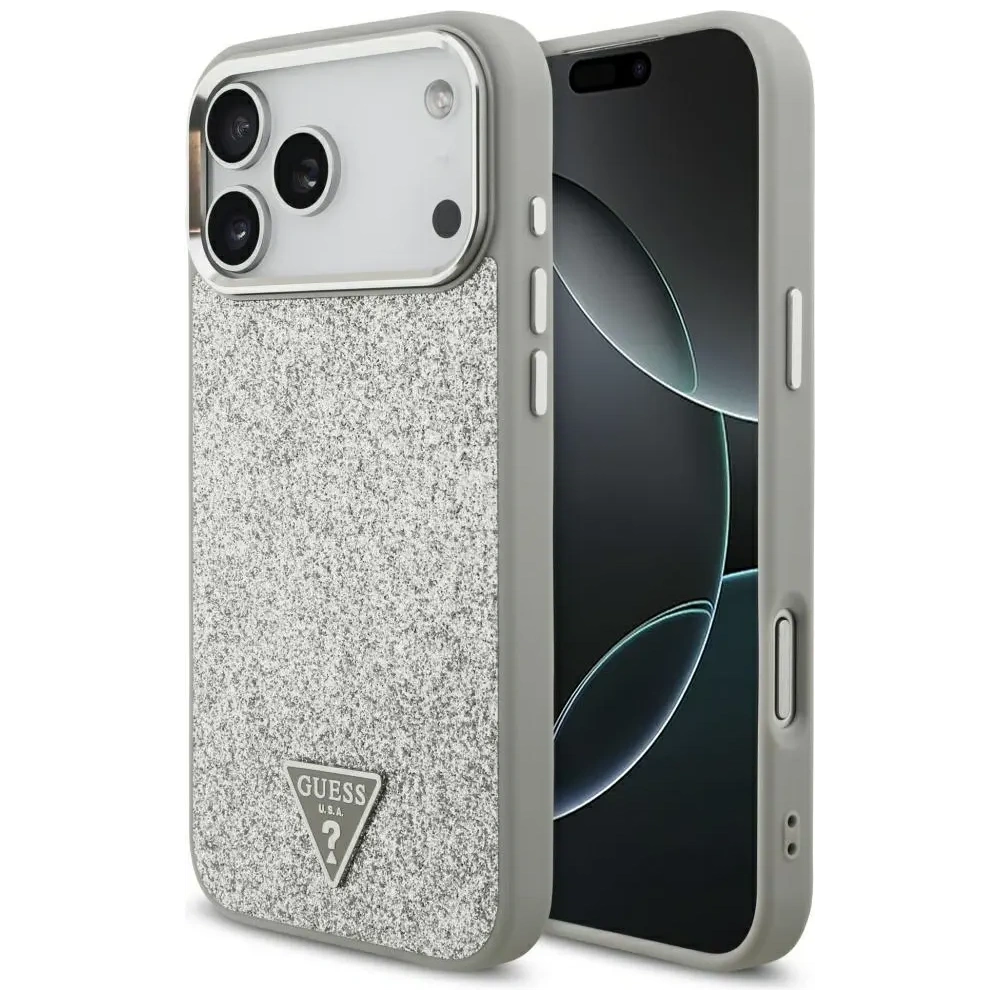 Etui Guess Glitter Triangle Logo MagSafe do Apple iPhone 17 Pro Max srebrny