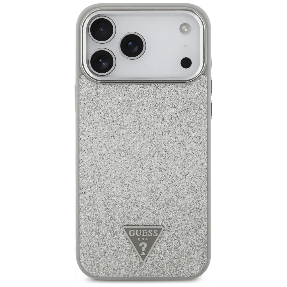 Etui Guess Glitter Triangle Logo MagSafe do Apple iPhone 17 Pro Max srebrny