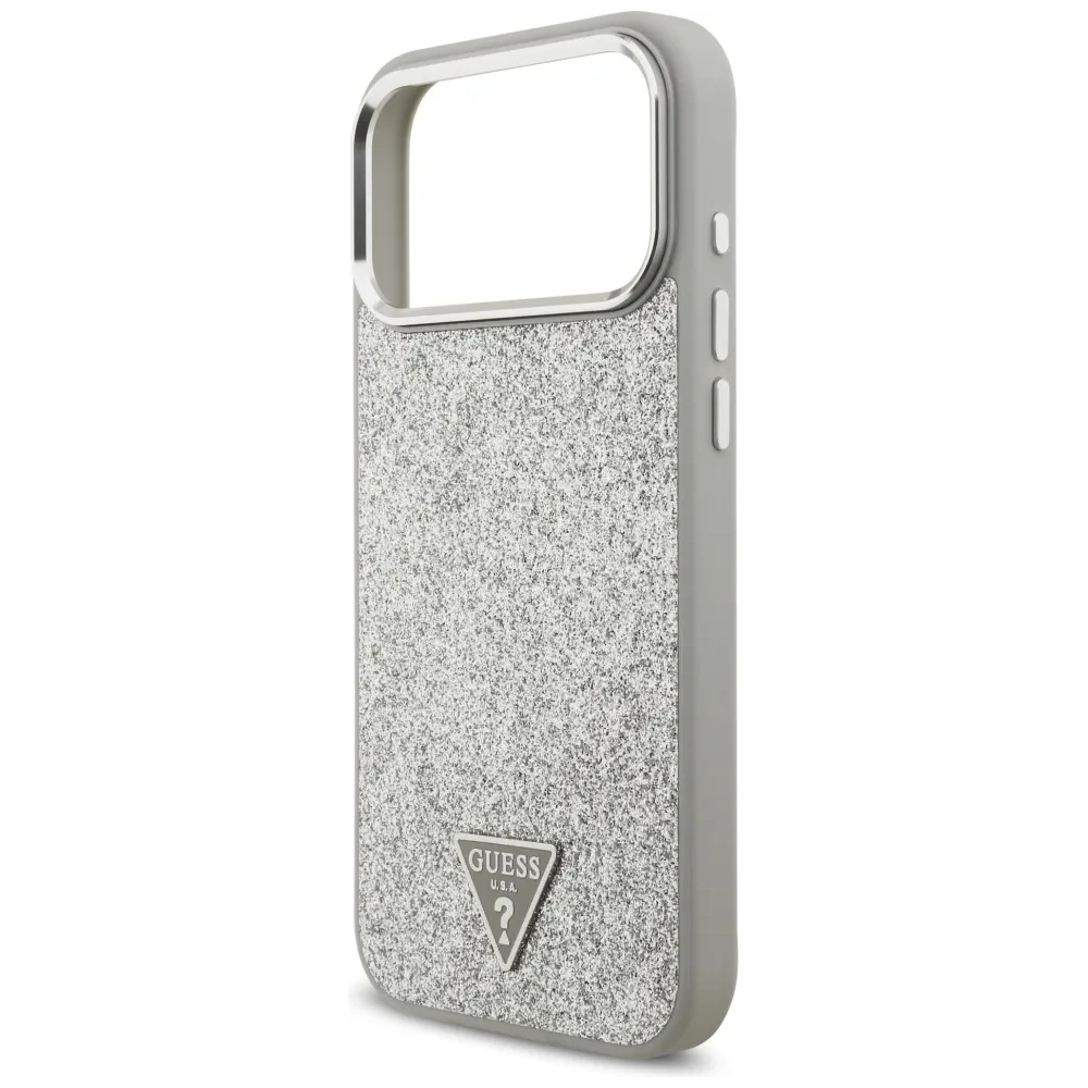 Etui Guess Glitter Triangle Logo MagSafe do Apple iPhone 17 Pro Max srebrny