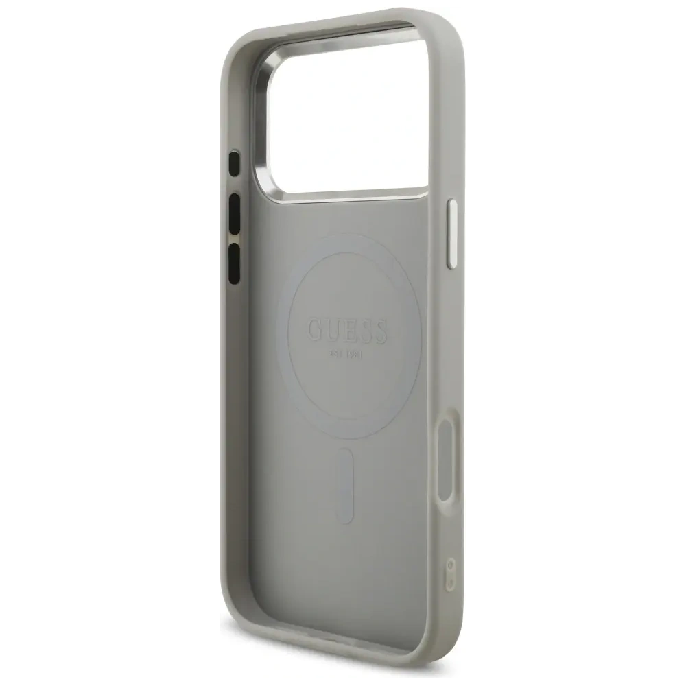 Etui Guess Glitter Triangle Logo MagSafe do Apple iPhone 17 Pro Max srebrny