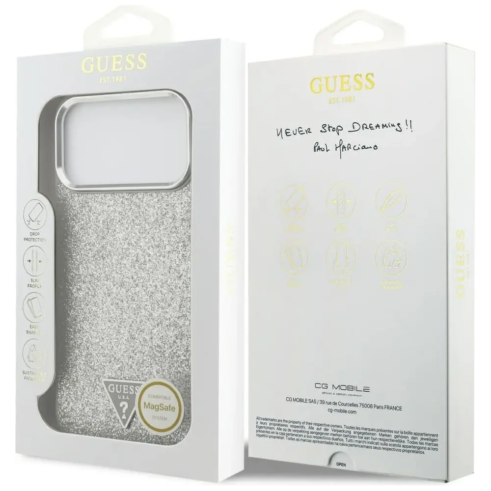 Etui Guess Glitter Triangle Logo MagSafe do Apple iPhone 17 Pro Max srebrny