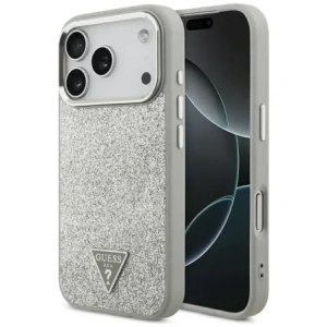 Etui Guess Glitter Triangle Logo MagSafe do Apple iPhone 17 Pro srebrny