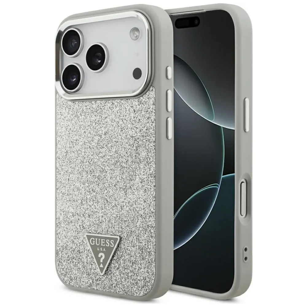 Etui Guess Glitter Triangle Logo MagSafe do Apple iPhone 17 Pro srebrny