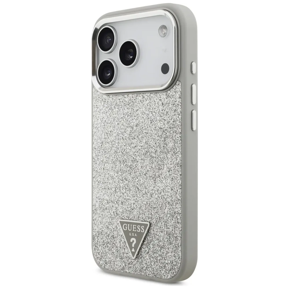 Etui Guess Glitter Triangle Logo MagSafe do Apple iPhone 17 Pro srebrny