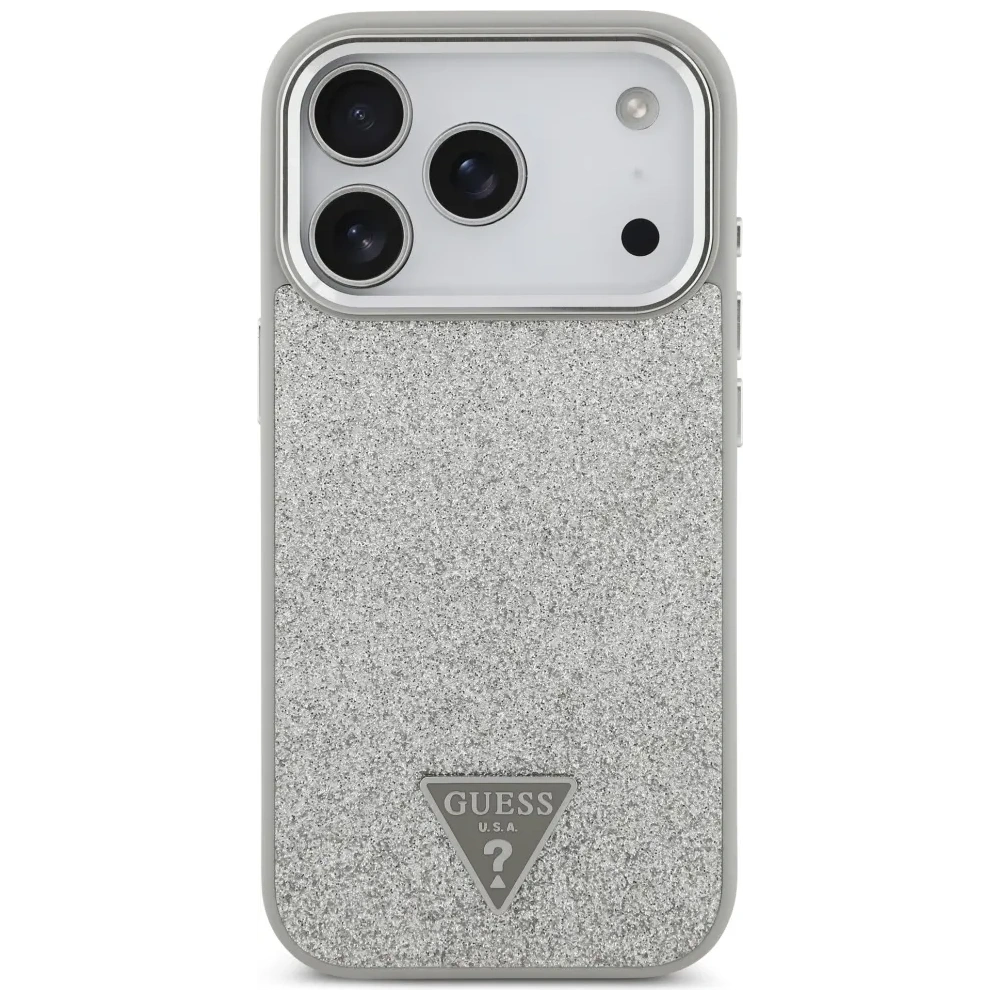 Etui Guess Glitter Triangle Logo MagSafe do Apple iPhone 17 Pro srebrny