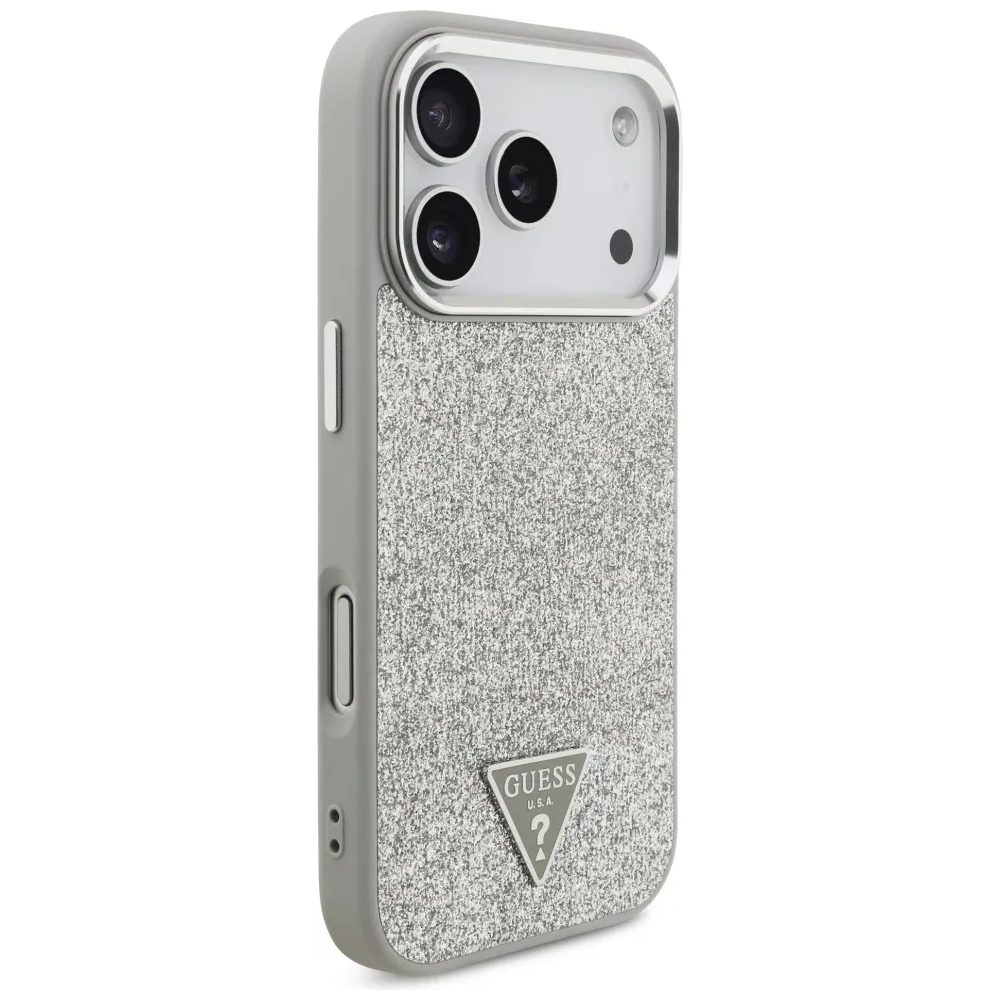 Etui Guess Glitter Triangle Logo MagSafe do Apple iPhone 17 Pro srebrny
