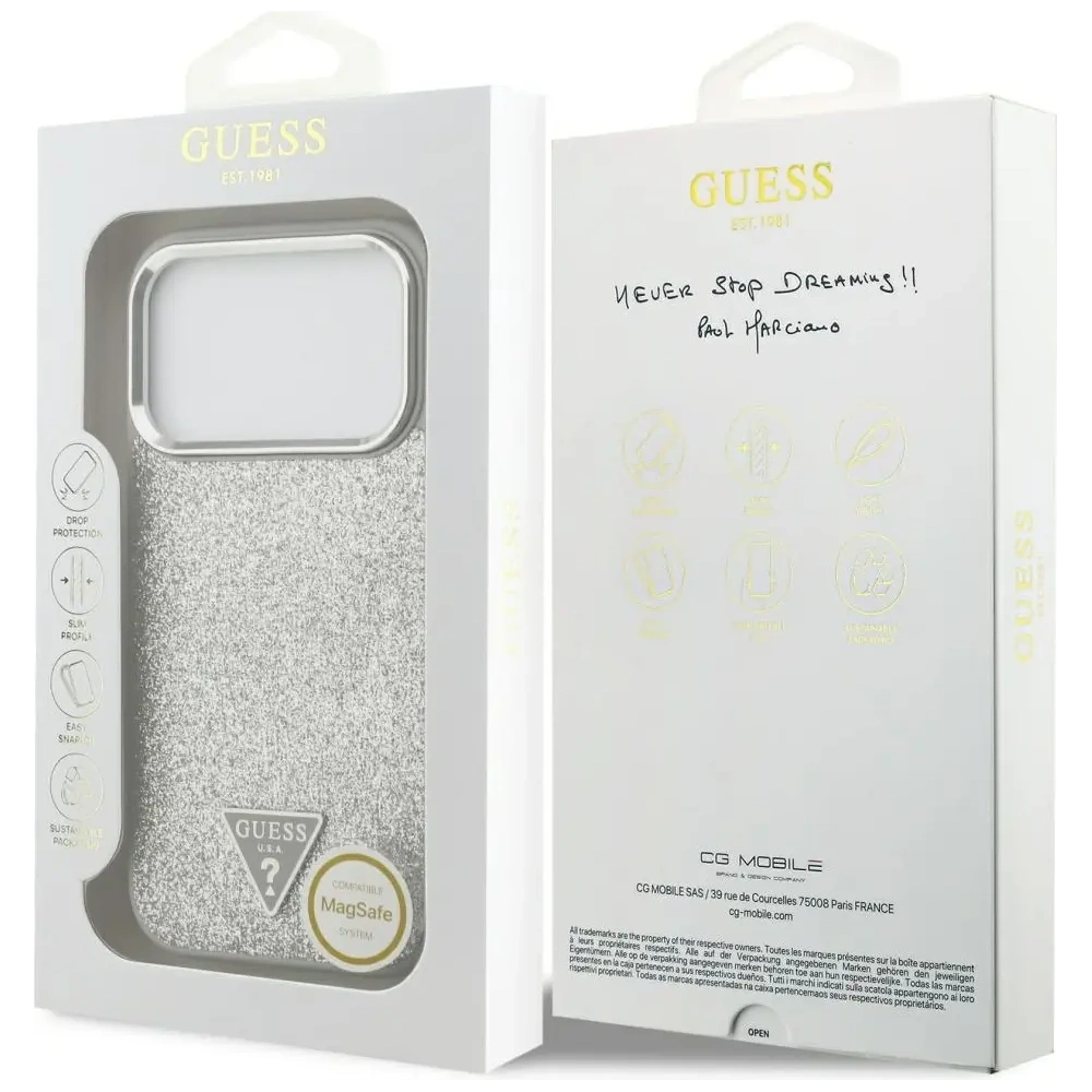 Etui Guess Glitter Triangle Logo MagSafe do Apple iPhone 17 Pro srebrny