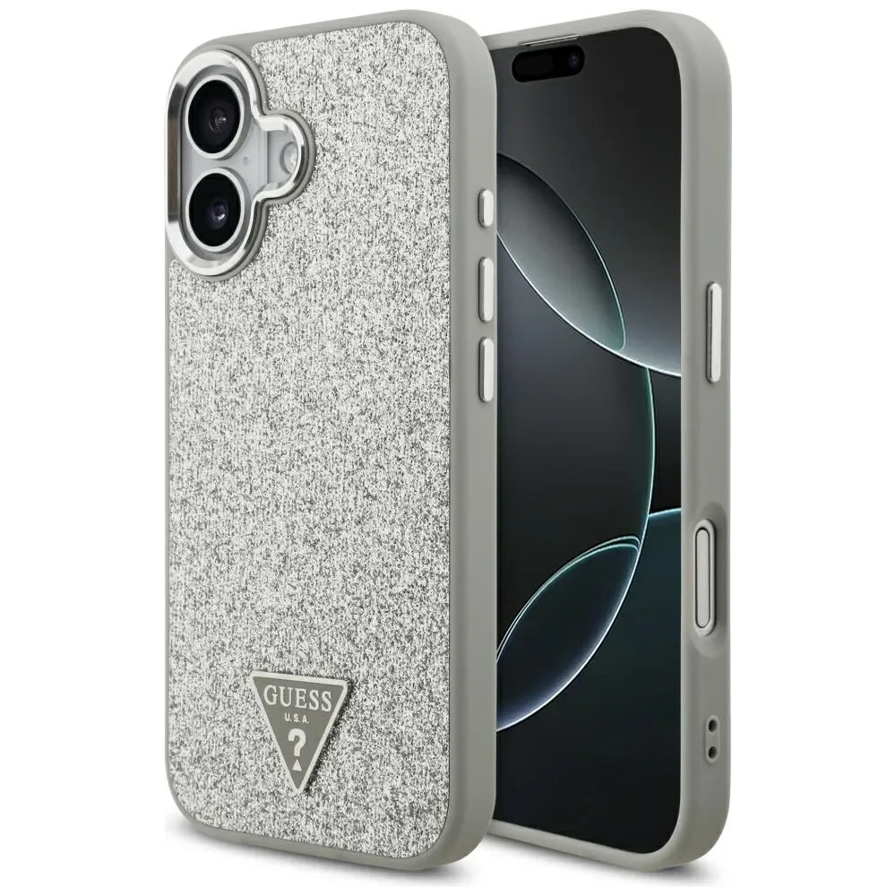 Etui Guess Glitter Triangle Logo MagSafe do Apple iPhone 17 srebrny