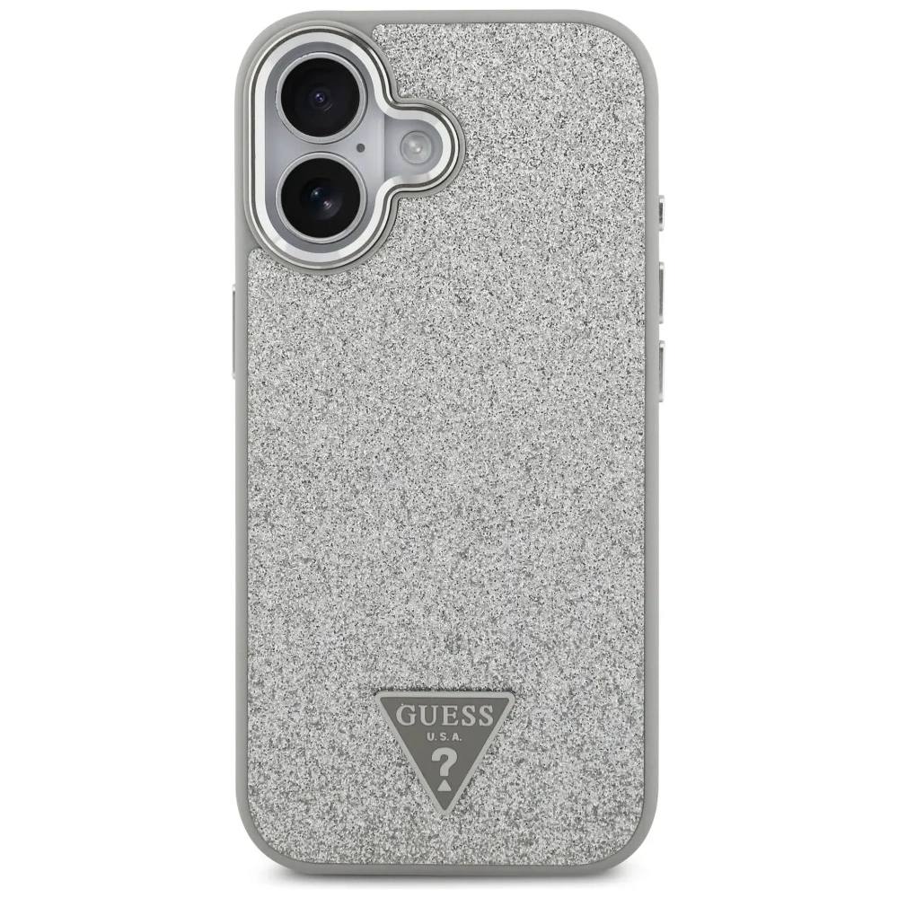 Etui Guess Glitter Triangle Logo MagSafe do Apple iPhone 17 srebrny