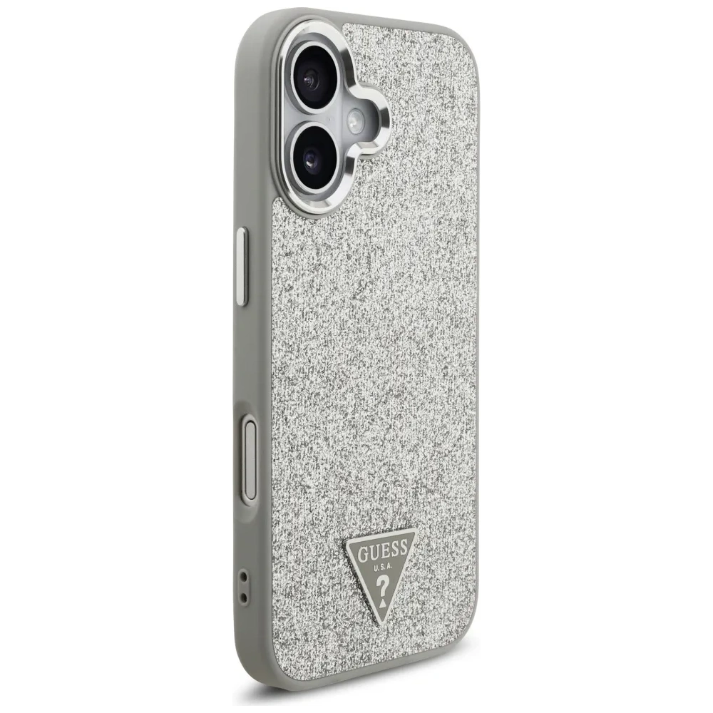 Etui Guess Glitter Triangle Logo MagSafe do Apple iPhone 17 srebrny