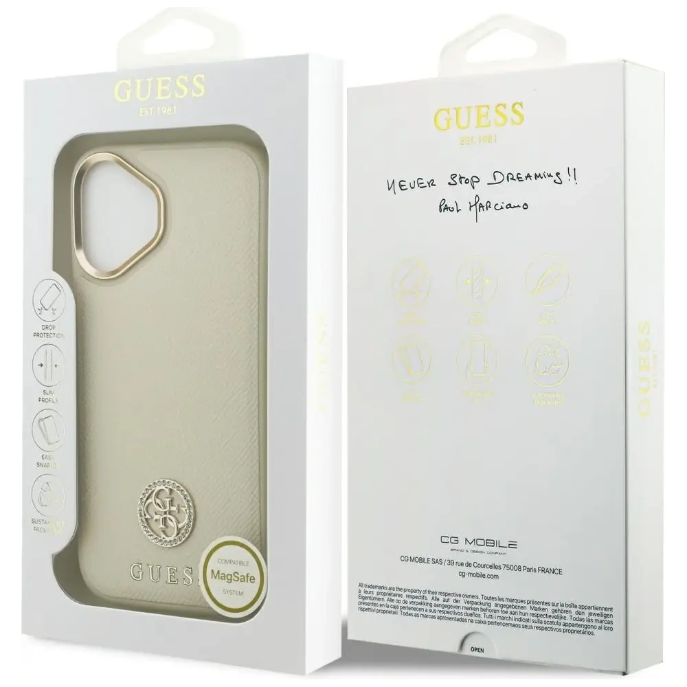 Etui Guess Grained Strass Logo MagSafe do Apple iPhone 17 beżowy