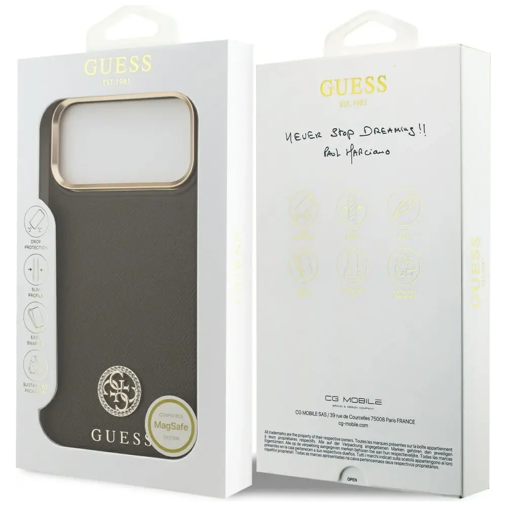 Etui Guess Grained Strass Logo MagSafe do Apple iPhone 17 Pro Max brązowy