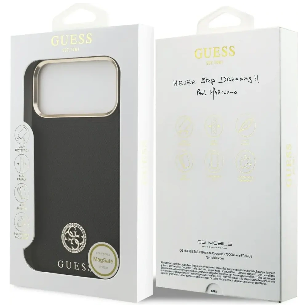 Etui Guess Grained Strass Logo MagSafe do Apple iPhone 17 Pro Max czarny