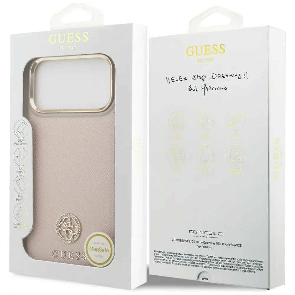 Etui Guess Grained Strass Logo MagSafe do Apple iPhone 17 Pro Max różowy