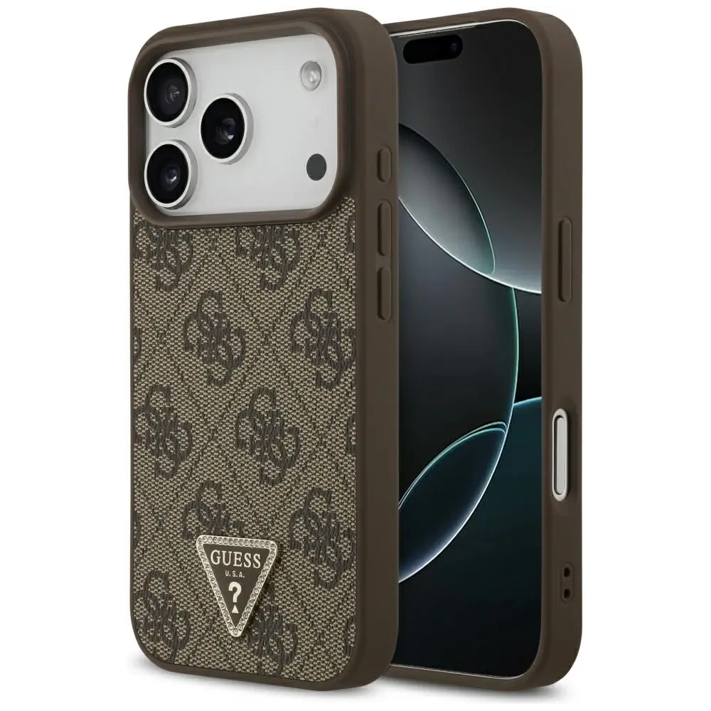 Etui Guess Leather 4G Triangle Strass MagSafe do Apple iPhone 17 Pro brązowy