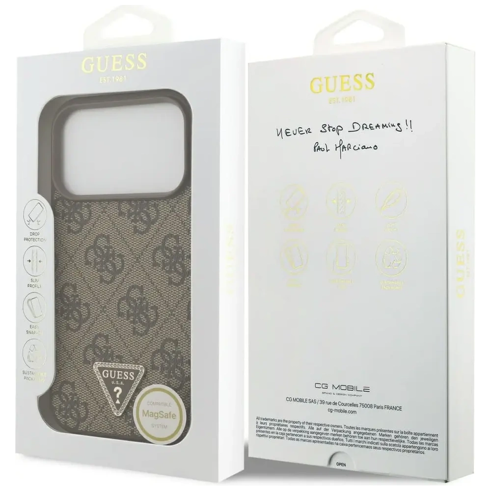Etui Guess Leather 4G Triangle Strass MagSafe do Apple iPhone 17 Pro brązowy