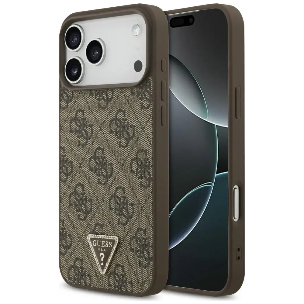 Etui Guess Leather 4G Triangle Strass MagSafe do Apple iPhone 17 Pro Max brązowy