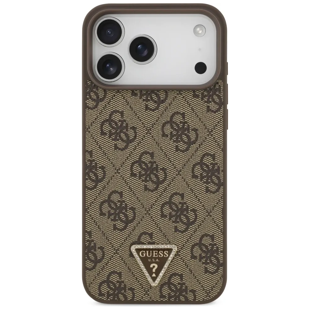 Etui Guess Leather 4G Triangle Strass MagSafe do Apple iPhone 17 Pro Max brązowy