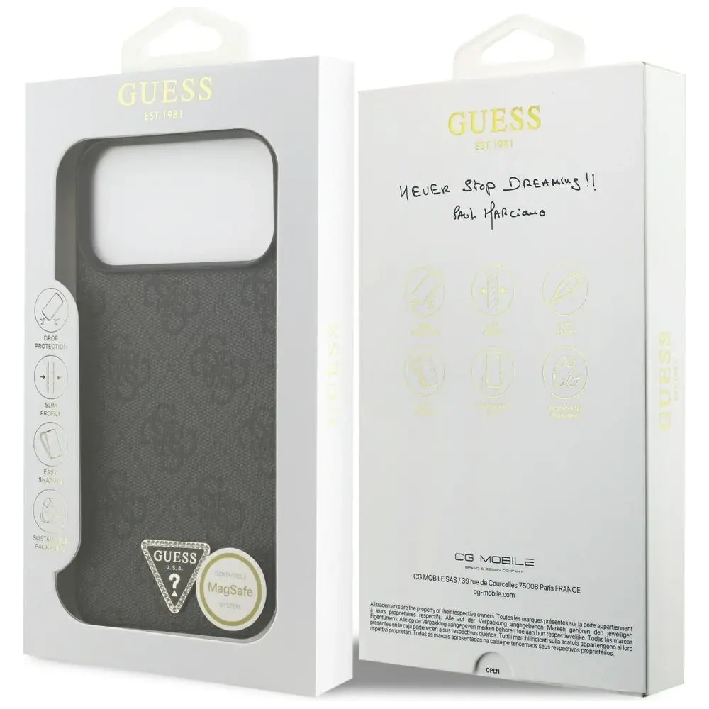 Etui Guess Leather 4G Triangle Strass MagSafe do Apple iPhone 17 Pro Max czarny