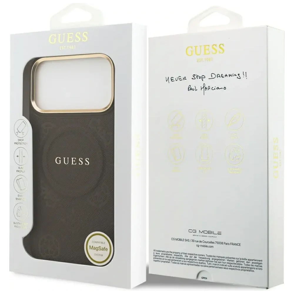 Etui Guess Peony Hot Stamp MagSafe do Apple iPhone 17 Pro Max brązowy