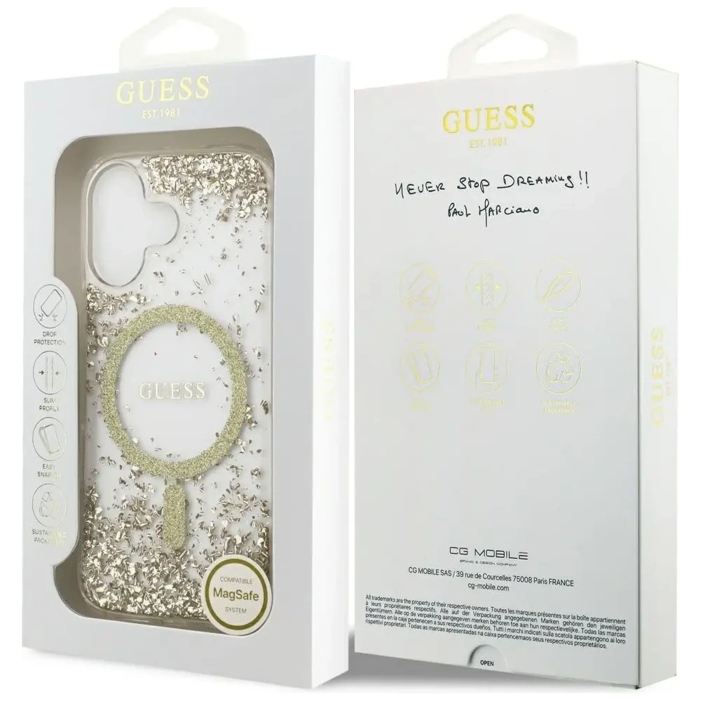 Etui Guess Resin Bottom Glitter MagSafe do Apple iPhone 17 złoty