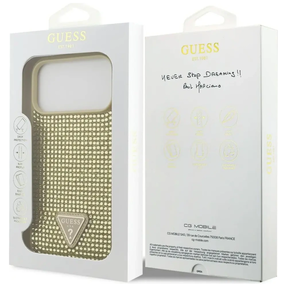 Etui Guess Rhinestone Triangle Logo do Apple iPhone 17 Pro Max złoty