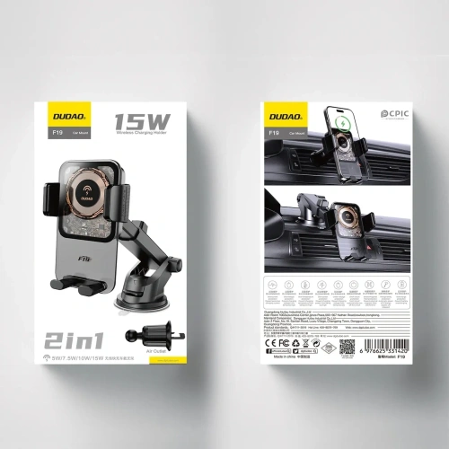 Uchwyt samochodowy DUDAO F19 zaciskowy z ładowarką indukcyjną 15W czarny