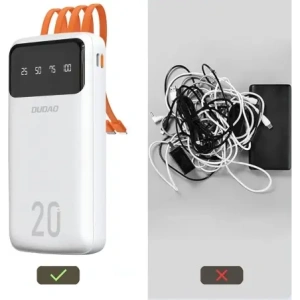 Powerbank DUDAO K6 Pro+ 20000mAh z 3 wbudowanymi kablami USB-C, micro USB, Lightning biały