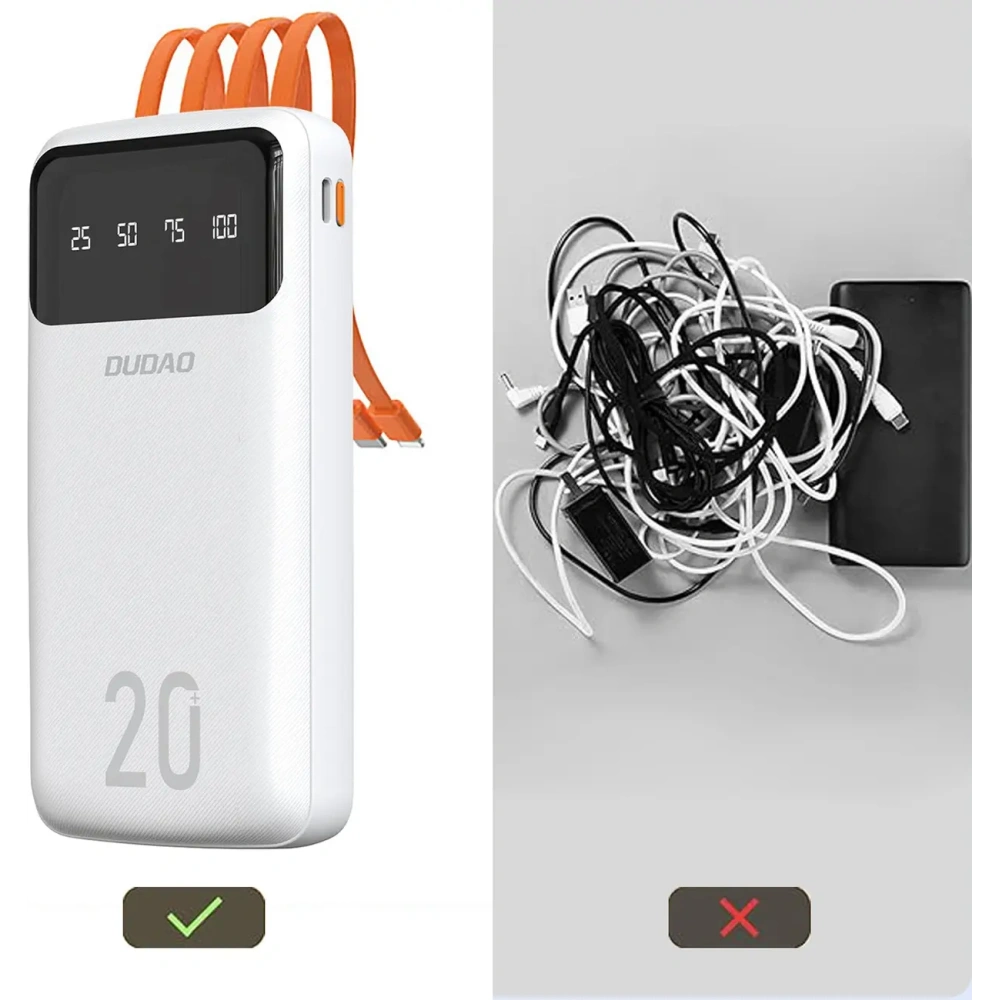 Powerbank DUDAO K6 Pro+ 20000mAh z 3 wbudowanymi kablami USB-C, micro USB, Lightning czarny