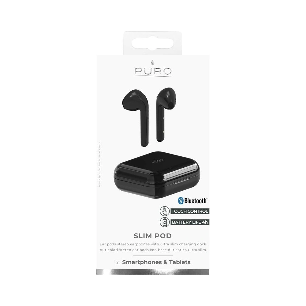 Hurtownia GSM - Căști wireless PURO SLIM POD TWS Bluetooth 5.0 cu carcasă de încărcare, impermeabilitate IPX5 (Negru) - PUR095BLK - {ean13} - Hurt
