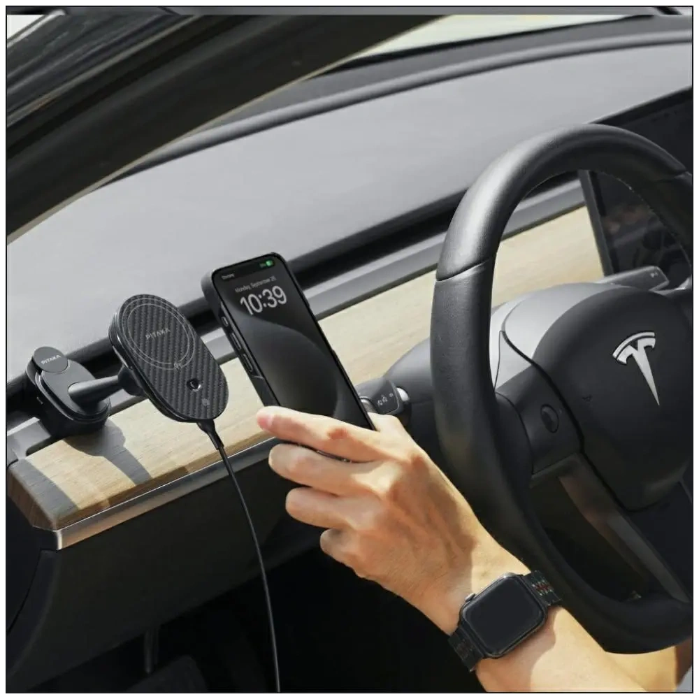 Uchwyt samochodowy z ładowarką bezprzewodową PITAKA MagEZ Pro 2 Qi2 Tesla MagSafe do Tesla Model 3/Y czarno szary