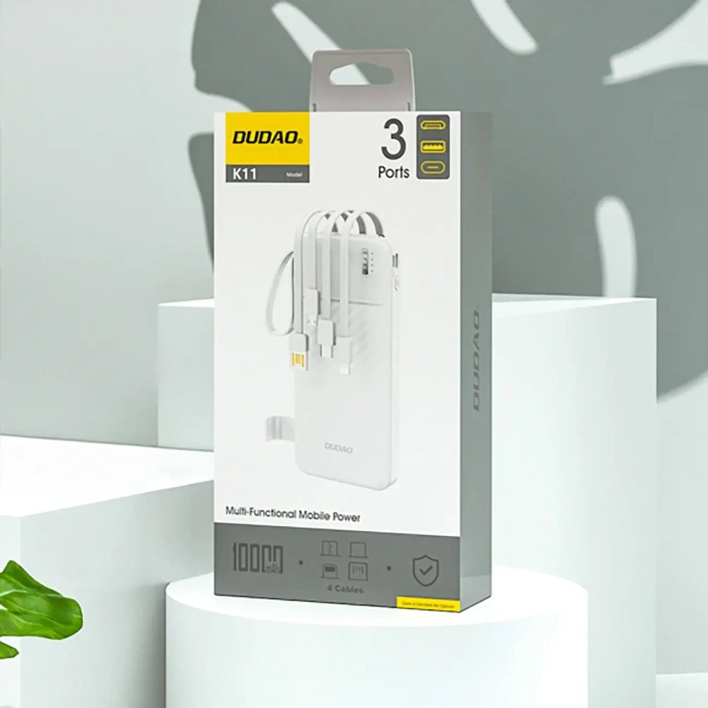 Powerbank Dudao K11 10000mAh z wbudowanymi kablami biały