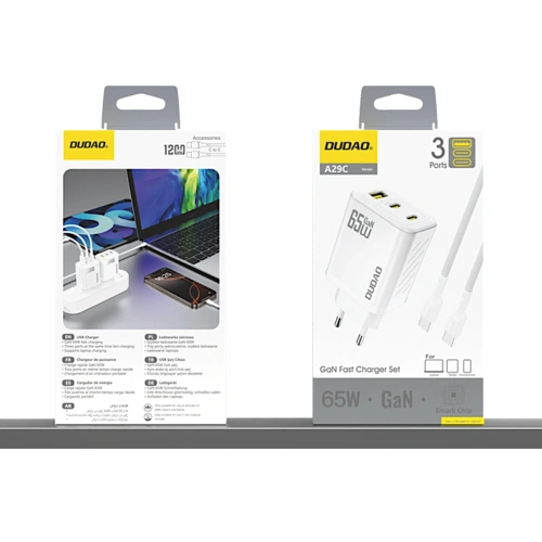 Ładowarka sieciowa Dudao A29C 65W GaN USB-A, 2xUSB-C + kabel USB-C biała