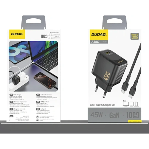 Ładowarka sieciowa Dudao A28C 45W GaN USB-C + kabel USB-C czarna