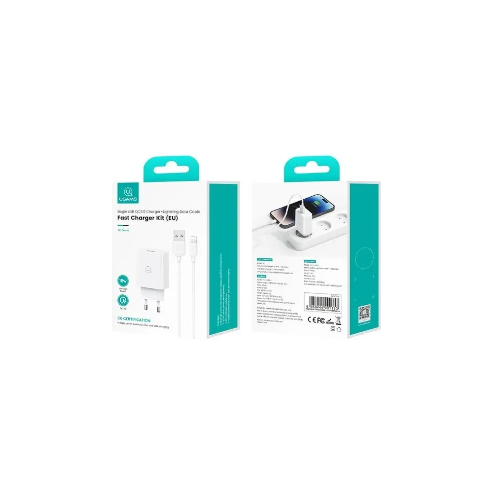Ładowarka sieciowa USAMS 18W USB-A + kabel USB-A / Lightning Fast Charging biały