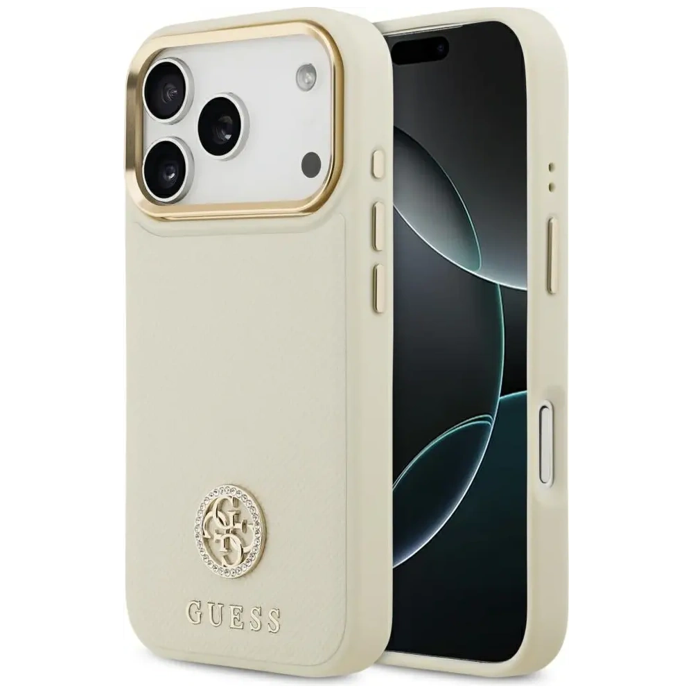 Etui Guess Grained Strass Logo MagSafe do Apple iPhone 17 Pro beżowy