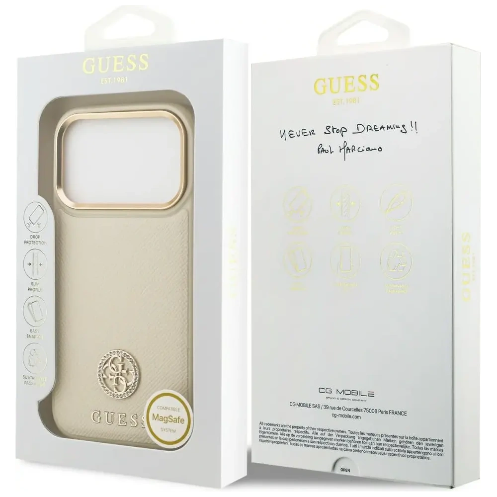 Etui Guess Grained Strass Logo MagSafe do Apple iPhone 17 Pro beżowy