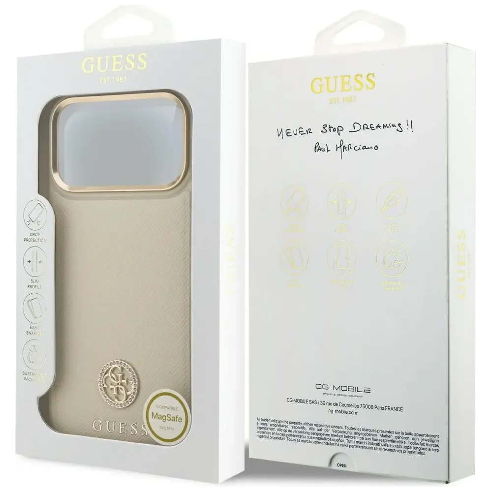 Etui Guess Grained Strass Logo MagSafe do Apple iPhone 17 Pro Max beżowy