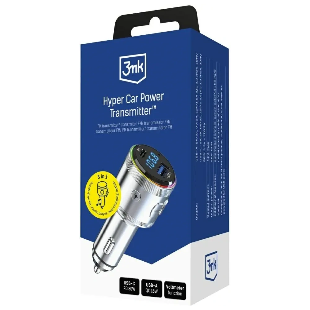 Ładowarka samochodowa 3MK Hyper Car Power Transmitter 48W QC PD PPS USB-C / USB-A z transmiterem audio srebrny