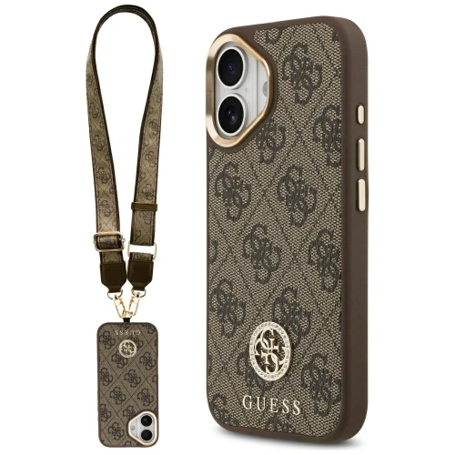 Etui Guess 4G Strass Logo & Big Strap Metal Buttons MagSafe do Apple iPhone 17 brązowy