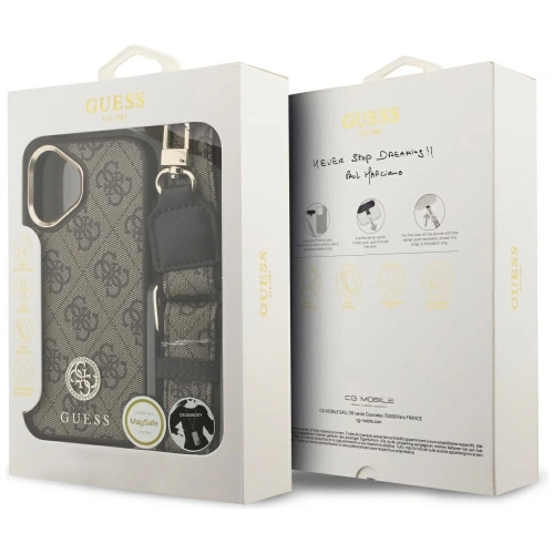 Etui Guess 4G Strass Logo & Big Strap Metal Buttons MagSafe do Apple iPhone 17 brązowy