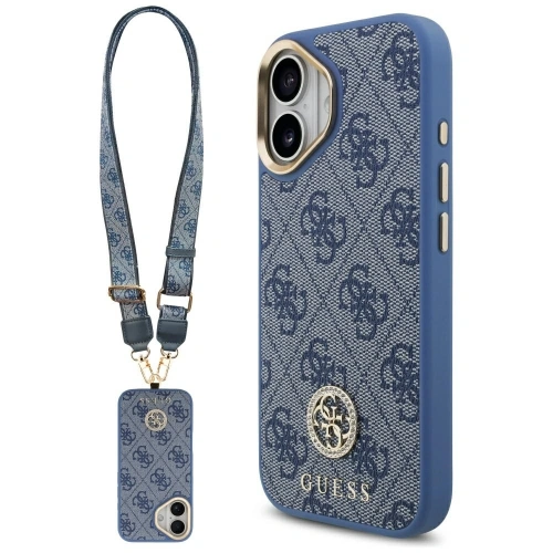 Etui Guess 4G Strass Logo & Big Strap Metal Buttons MagSafe do Apple iPhone 17 niebieski