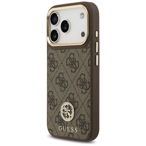 Etui Guess 4G Strass Logo & Big Strap Metal Buttons MagSafe do Apple iPhone 17 Pro brązowy
