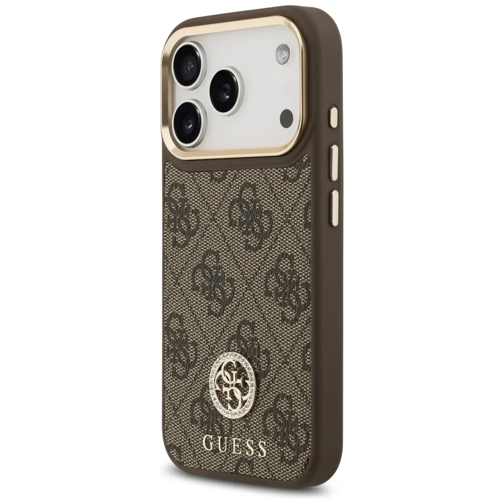 Etui Guess 4G Strass Logo & Big Strap Metal Buttons MagSafe do Apple iPhone 17 Pro brązowy