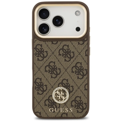 Etui Guess 4G Strass Logo & Big Strap Metal Buttons MagSafe do Apple iPhone 17 Pro brązowy