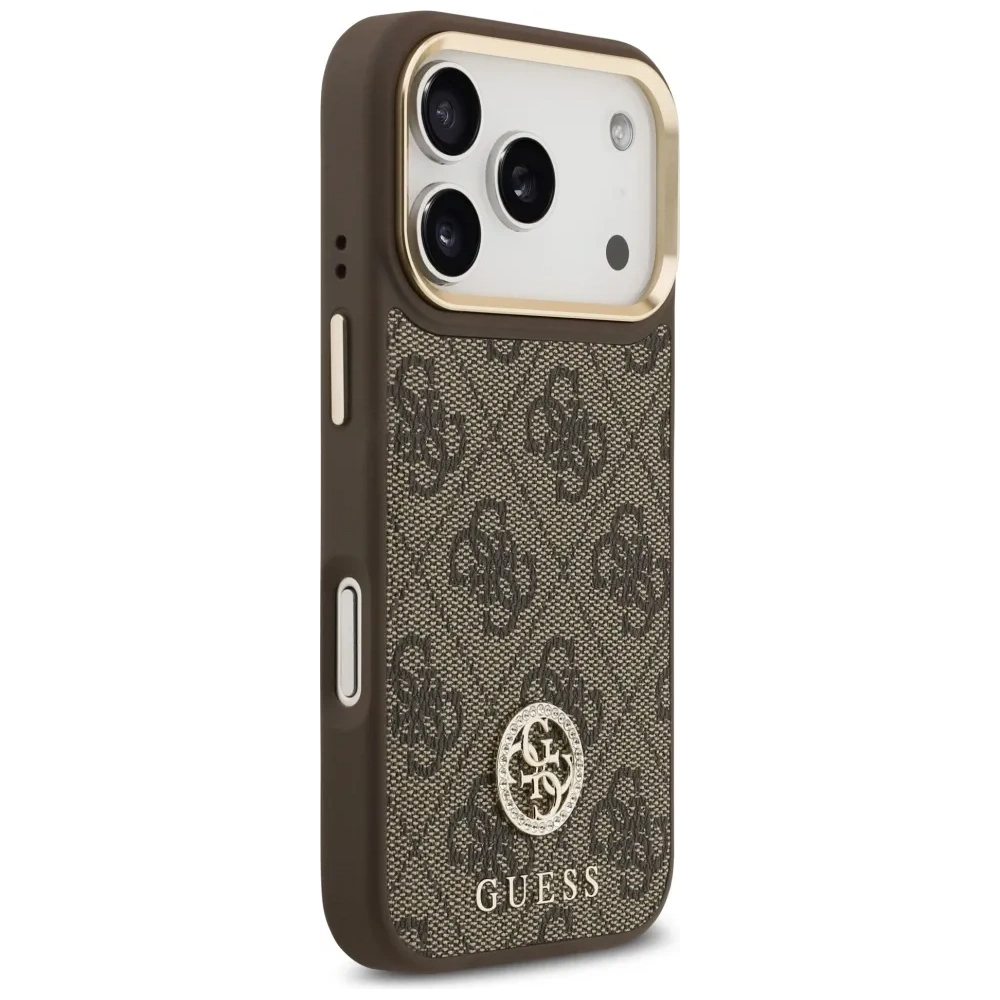 Etui Guess 4G Strass Logo & Big Strap Metal Buttons MagSafe do Apple iPhone 17 Pro brązowy